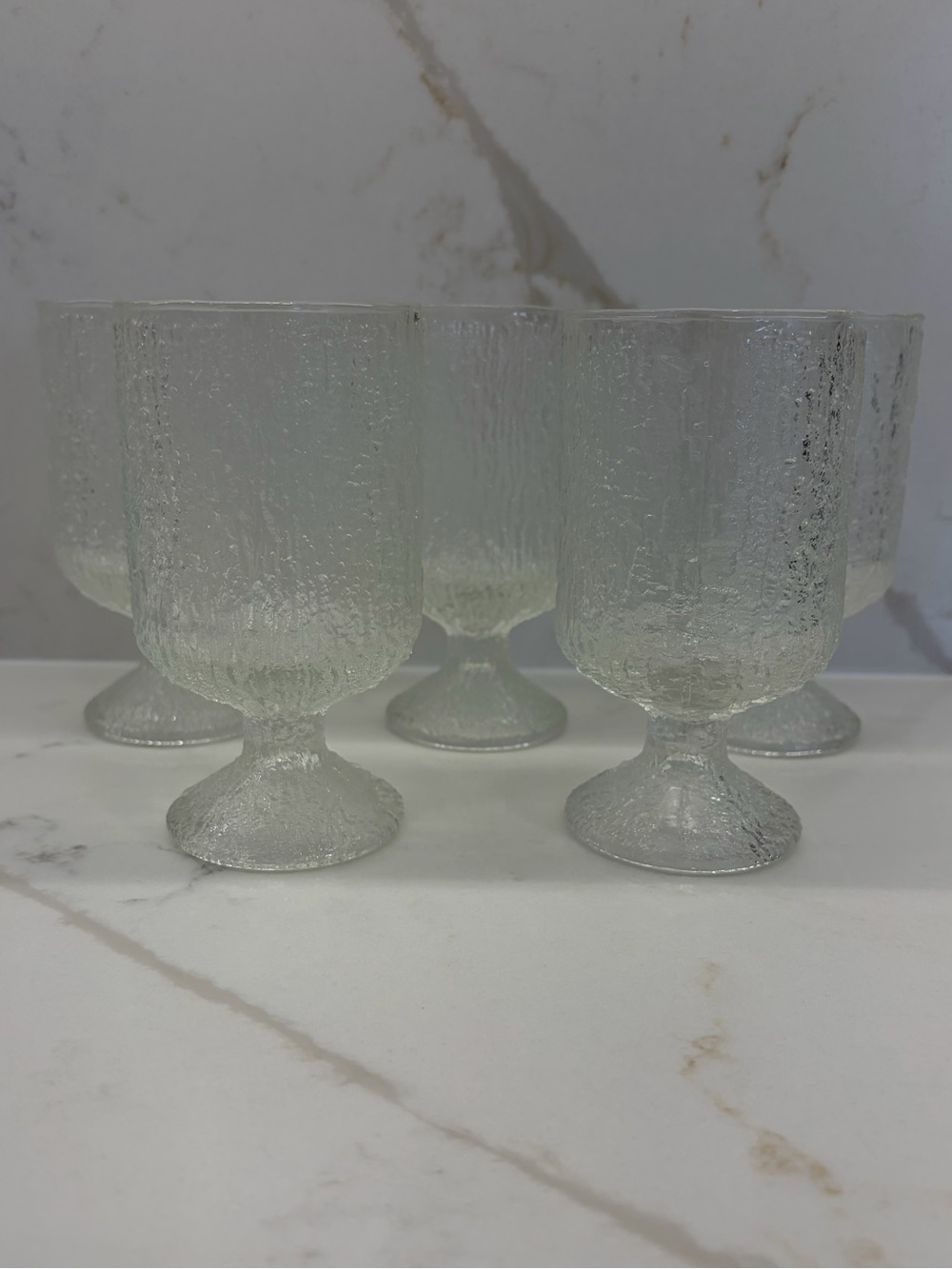 Vintage Indiana Glass Textured ‘Tree Bark’ ‘Crystal Ice’ Footed Goblet Set of 5